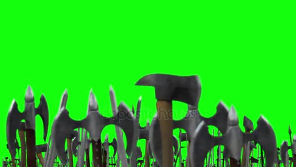 Krieger schwenken ihre Waffen mit Äxten und Schwertern auf einem grünen Bildschirm — Stockvideo