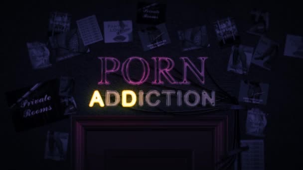 Porno dipendenza neon segno accensione e spegnimento sopra una porta — Video Stock