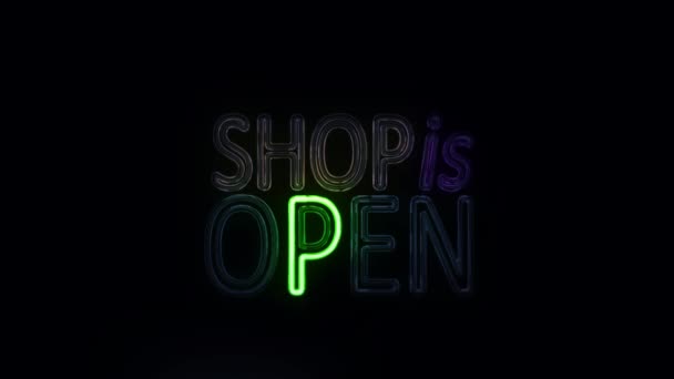 Shop is Open Sign in Neon Style Turning On — Stock Video