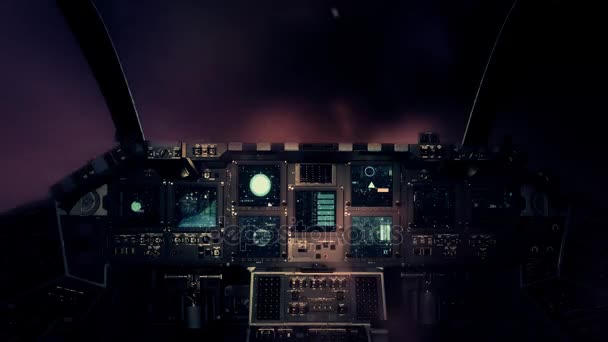 Cockpit d'un vaisseau spatial d'un point de vue pilote Voyageant rapidement à travers les gaz fumés dans l'espace — Video