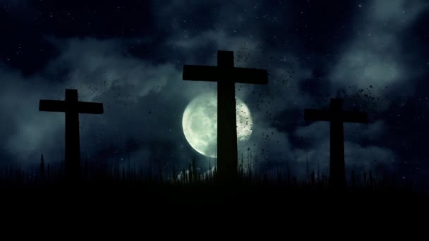 3 Wooden Crosses Burning On A Full Moon Background — Stock Video