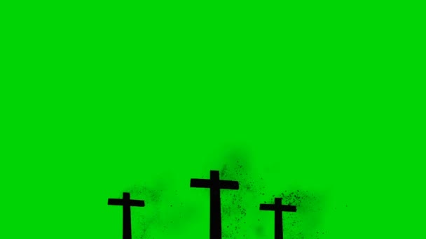 3 деревянных креста горят на зеленом фоне экрана — стоковое видео