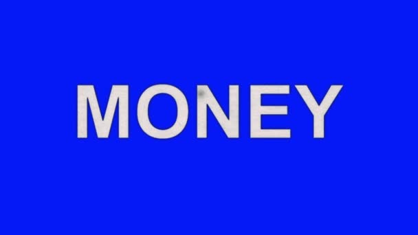As palavras dinheiro queimando em chamas para cinzas em um fundo de tela azul — Vídeo de Stock