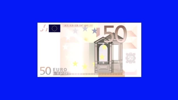 Fünfzig-Euro-Schein brennt vor blauem Hintergrund in Flammen — Stockvideo