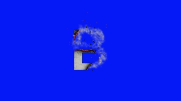 Большая буква Б на голубом фоне сгорает в пепелище — стоковое видео