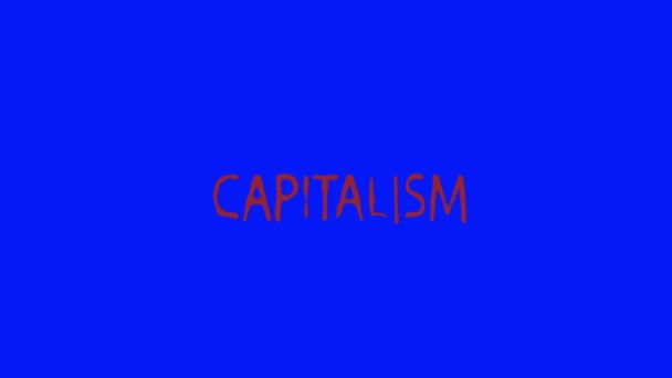 Слово капіталізм кровотечі на синьому екрані — стокове відео