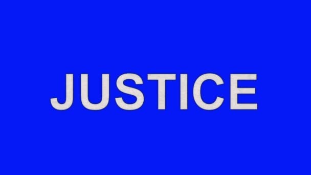 Ord rättvisan bränning i lågor till aska på en blå skärmbakgrund — Stockvideo