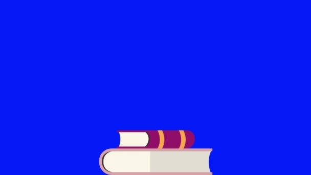 Los libros están cayendo uno por uno en una pila de libros sobre un fondo de pantalla azul — Vídeo de stock