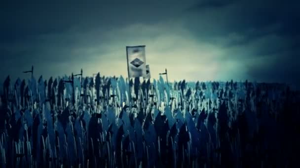 Esercito giapponese in marcia verso la guerra con il lun delle bandiere del clan Takeda — Video Stock