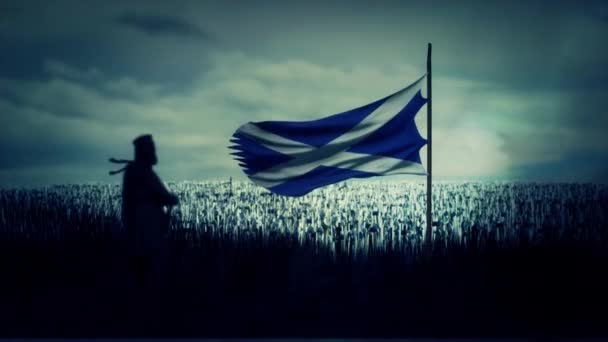 Уильям Уоллес стоит перед своей армией со шотландским флагом — стоковое видео