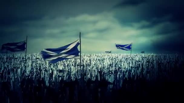Milhares de soldados escoceses marcham para a guerra em um campo de batalha — Vídeo de Stock
