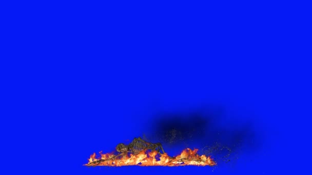 Menschliches Skelett brennt in Flammen auf blauem Bildschirm — Stockvideo