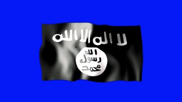 Bandera de ISIS sobre el Estado Islámico ardiendo en llamas hasta las cenizas en una pantalla azul — Vídeos de Stock