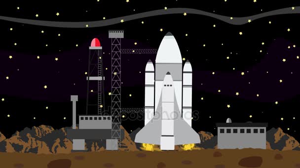 Lanzamiento del transbordador desde una estación de lanzamiento espacial en el planeta Marte por la noche — Vídeos de Stock
