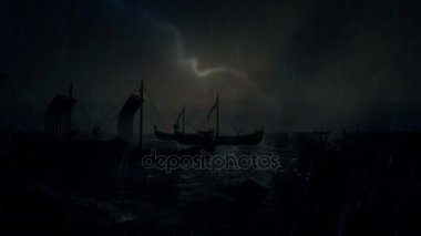 Viking gemi fırtına altında kıyıya yelken