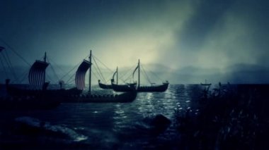 Viking savaş gemileri bir kıyıya yelken 