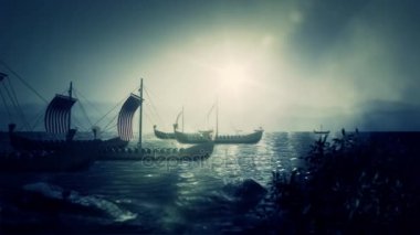 Viking savaş gemileri bir kıyıya yelken 