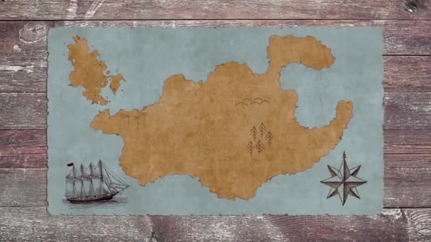 Un mapa del tesoro en blanco con un barco de vela en una mesa de madera — Vídeos de Stock