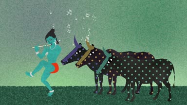 Lord Krishna flüt ineklere bir sahada oynuyor.