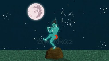 Lord Krishna tam bir flüt çalmaya gece ay