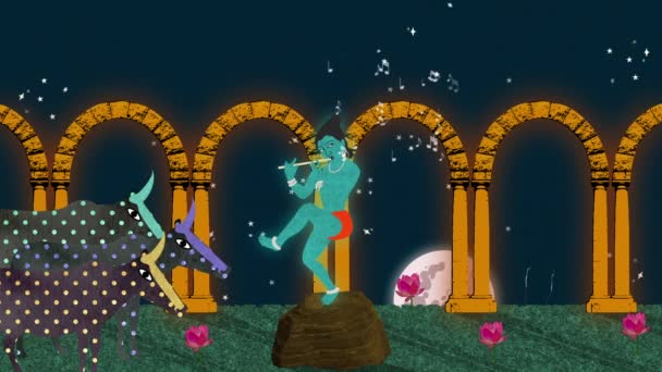 Herren Krishna spelar på flöjt i en trädgård på natten — Stockvideo