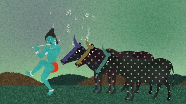 Господь Кришна играет на флейте со святыми коровами — стоковое видео