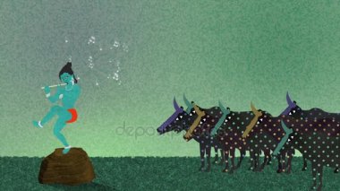 İnekler için onun flüt çalmaya Krişna