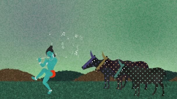 Господь Кришна играет на флейте с индейскими коровами — стоковое видео