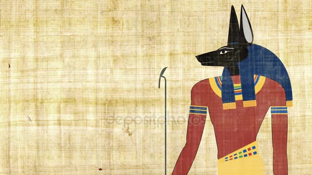 Египетский бог смерти Анубис на фоне папируса — стоковое видео