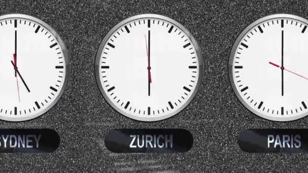 Präzise Uhren Mit Unterschiedlichen Zeitzonen Für Jede Stadt — Stockvideo