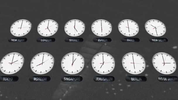 Accurate Clocks Different Time Zones Different Cities — Stock Video