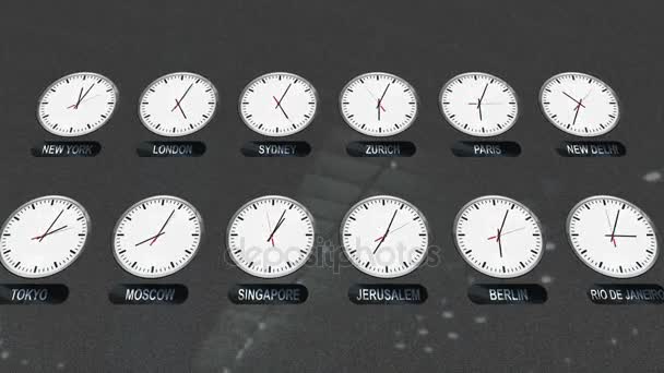時間経過の異なるタイム ゾーンの場所時計 — ストック動画