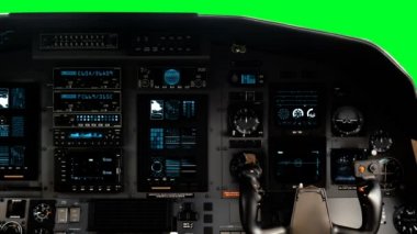 Yeşil bir ekran tam operatif panoda koltukla fütüristik Pilot kokpiti