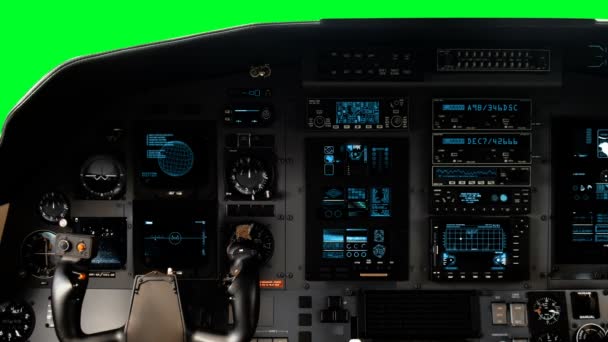 Futurisztikus Kísérleti Pilótafülke Igát Egy Teljes Operatív Műszerfal Green Screen — Stock videók