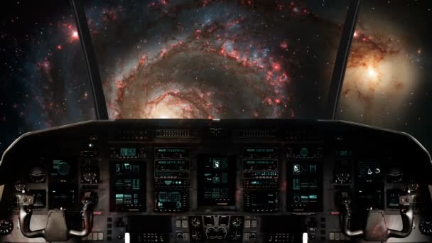Cockpit Eines Raumschiffs Das Auf Eine Spiralgalaxie Zufliegt — Stockvideo