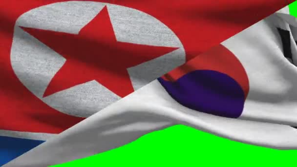 朝鲜与韩国在绿屏上挥舞旗帜 — 图库视频影像