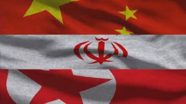 China Iran Und Nordkorea Schwenken Flaggen — Stockvideo