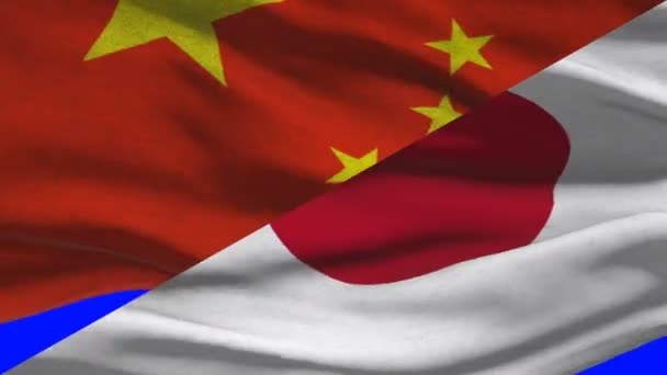 China Japão Acenando Bandeiras Uma Tela Azul — Vídeo de Stock