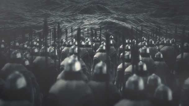 Viking Warriors Standing Front Ocean Waves — Stock Video