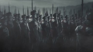 Silahlı Romalı Askerler tam teçhizat ayakta duruyor.