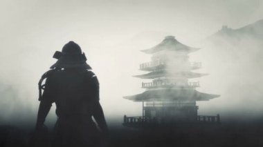 Samuray Bushido Savaşçısı ve bir Japon Tapınağı.