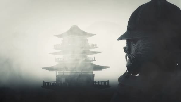 Samouraï Bushido Guerrier Portant Masque Casque Temple Japonais — Video