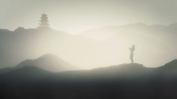Person Som Mediterar Japans Berg Med Japansk Pagoda — Stockvideo