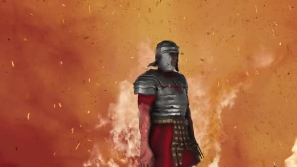 Roman Soldier Wearing Full Armor Standing Middle Fire — Stock Video