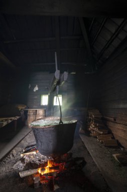 Dağlarda peynir üretimi, Ukrayna. Verkhovyna köyü. Ivano-Frankivsk bölgesi. 25 Mayıs 2017.