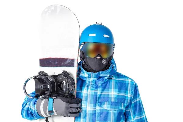 Uomo in abbigliamento sportivo con snowboard — Foto Stock