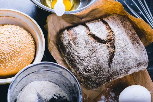 Ingredients and utensil for baking on the black board — Stock Photo, Image