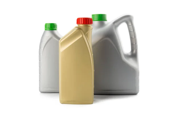 Пластикові Пляшки Автомобільних Олій Ізольовані Білому — стокове фото