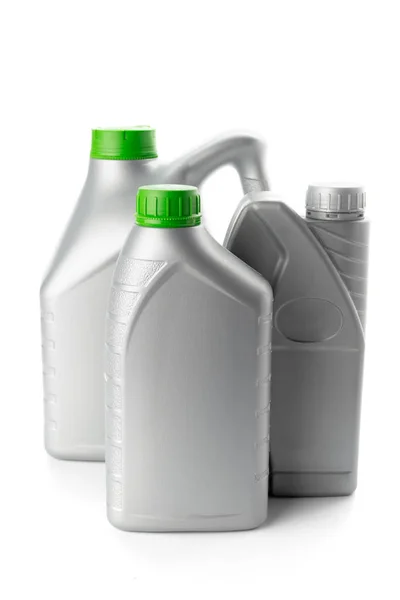 Plastflaskor Från Bil Oljor Isolerad Vit — Stockfoto