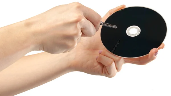 Kezében Tartja Kompakt Disk Elszigetelt — Stock Fotó
